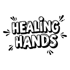 Bold, stylized lettering graphic of Healing Hands.  Comic book-style,  positive and uplifting.  Suitable for health-related advertising, social media graphics, or wellness-focused editorial.