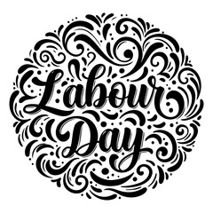 Fototapeta premium Ornate, circular design featuring Labour Day in stylized lettering, surrounded by decorative flourishes and swirls. Ideal for advertising, greeting cards, or editorial use for Labor Day celebrations.