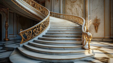 Elegant staircase with gold railings and marble steps in a palace interior. Wide open space for elegant copy.