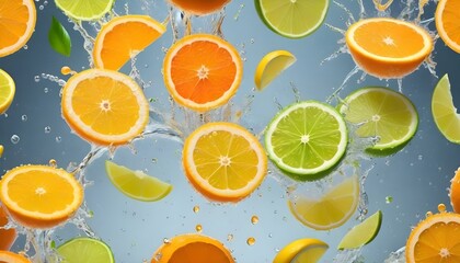 Dynamic arrangement of citrus fruit slices bursting with water against a light-blue background.