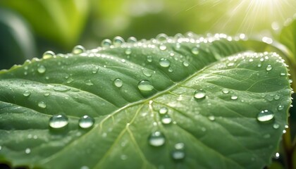 A close-up view of a fresh, green leaf covered in sparkling water droplets, with sunlight.