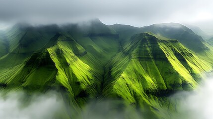 Lush green mountains shrouded in mist