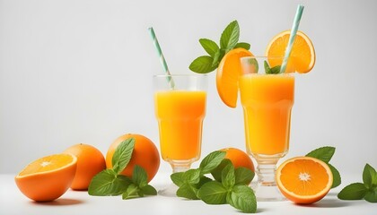 Fototapeta premium Two glasses of fresh orange juice with mint and fruit slices on a white table.