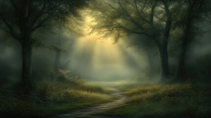Naklejka premium Sunbeams piercing a misty forest path (1)