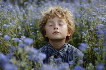 Digital detox and connecting with nature, a young boy breathes peacefully with eyes closed in a field of wildflowers, embracing calm and sensory awareness.