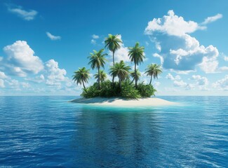 Serene Tropical Island with Palm Trees Surrounded by Clear Blue Water and Bright Sky Reflected in the Calm Ocean Waves on a Sunny Day