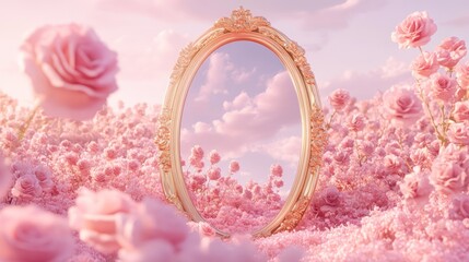 Ornate mirror reflecting sky in pink rose field; dreamy, romantic scene, ideal for fantasy or fairytale themes