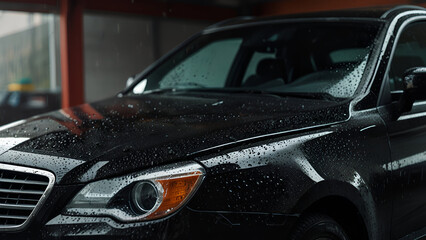 Fototapeta premium Close up of a sleek black car with water droplets on the hood highlighting its modern design and glossy finish