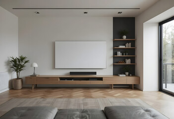 Modern Home Theater Room with Large Screen, Wooden TV Unit, and Cozy Sofa Setup