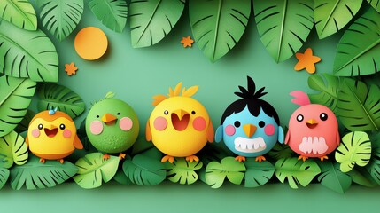 Naklejka premium Whimsical handcraft avian tableau bursting with verdant flora showcasing an artful blend of textile and botanical elements in vivid colors and textures