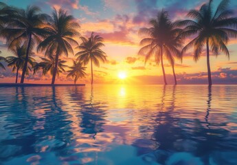 Obraz premium Serene Tropical Sunset Over Calm Waters with Silhouetted Palm Trees and Reflections in a Peaceful Oasis Environment