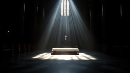 Empty church sanctuary bathed in sunlight