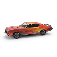 3D Classic Muscle Car with Flame Design on White Background