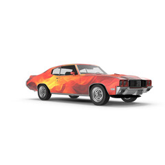 3D Classic Muscle Car with Flame Design on White Background