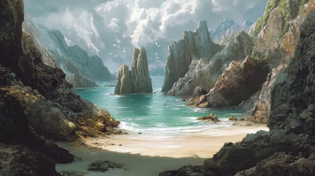 Secluded coastal haven with towering rock formations and turquoise waters