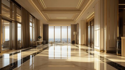 Interior scene of a modern luxury penthouse with large windows, sunlight, and gold fixtures. Copy space in focus, no people.
