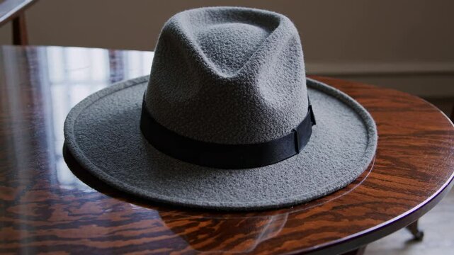 Close-up video of a gray fedora hat on a wooden table, shot from a slightly elevated angle, highlighting texture and classic style.