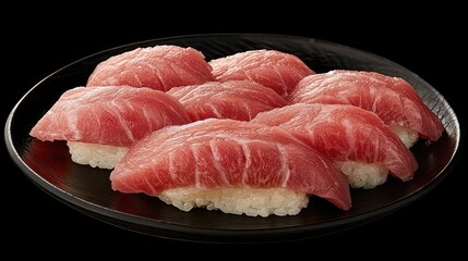 Luxurious sushi set with toro, uni, and caviar beautifully arranged on a lacquered black plate. Sophisticated backdrop with space.