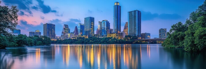 Fototapeta premium A sprawling skyline with skyscrapers towering next to a river, reflecting the energy of urban life and creating a dynamic cityscape