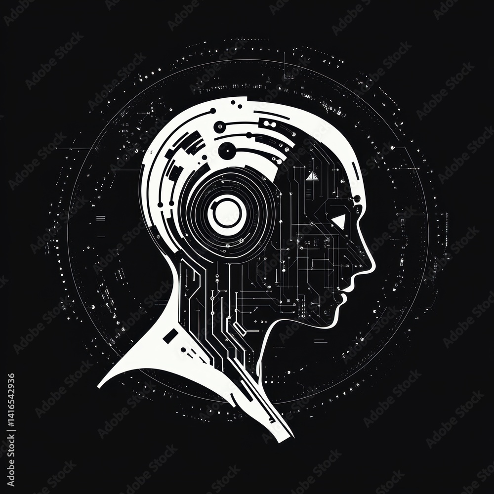 Fototapete Conceptual AI Brain Profile: Detailed Robot Head with Circuitry and Futuristic Design Elements on a Black Background