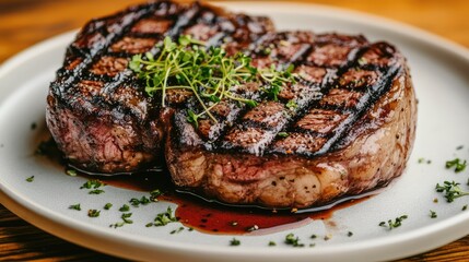 Minimalist plating of a perfectly cooked Wagyu steak with microgreens on a designer plate. Upscale dining copy space.