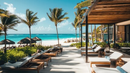 Open terrace of a five-star hotel with ocean view, wooden sun loungers, and minimal modern design. Resort elegance with clear copy space.