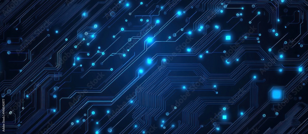 Poster abstract technological illustration showcasing intricate blue circuit patterns symbolizing connectiv