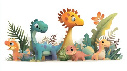 Fototapeta premium Cute dinosaurs in a lush prehistoric scene