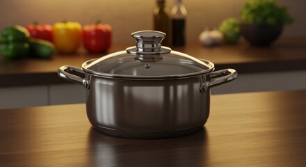 A shiny new metal pot with a lid sits on the kitchen counter, with vegetables and kitchen utensils blurred in the background.