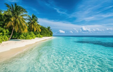 Fototapeta premium Tranquil Tropical Beach with Crystal Clear Water and Lush Greenery Under a Bright Blue Sky and Fluffy White Clouds