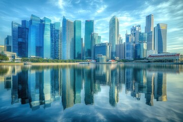 Fototapeta premium A stunning aerial view of the city skyline, showcasing the modern skyscrapers rising along the riverbanks and creating a beautiful reflection on the water