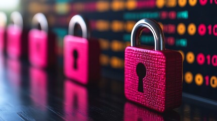 Digital Fortress: A line of secure padlocks glows in the dark, symbolizing the impenetrable barriers safeguarding sensitive data in a complex network environment.