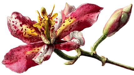 Obraz premium A vibrant crimson and gold orchid blossom with speckled petals and an unopened bud is elegantly displayed against a pure white background.