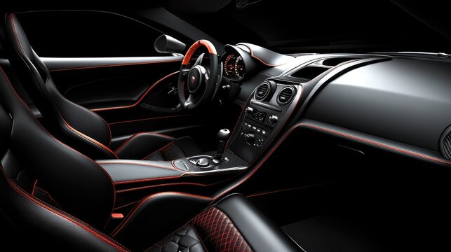 Smooth black car interior with red stitching and gold trim, highlighting luxury and performance. Wide clean copy space.