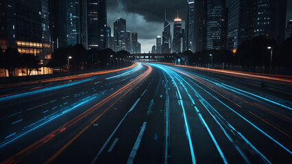 Naklejka premium Futuristic cityscape at dusk with towering skyscrapers vibrant light trails from high speed vehicles and a dramatic sky transitioning from orange to deep blue