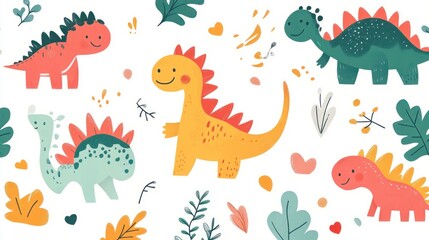 Cute dinosaurs, plants, and leaves pattern