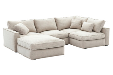 3D render of modern sofa with cushions, isolated on white background, photorealistic fabric texture, clean shadows, side copy space