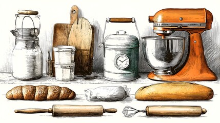 A vintage kitchen scene showcases a stand mixer bread rolls butter a milk jug and various baking tools on a rustic wooden surface.