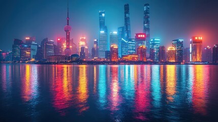Obraz premium Shanghai Cityscape at Night with Vibrant Reflections in the River Water