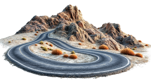 Winding desert road with sharp curves and dry rocky mountains in arid landscape