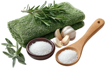Flat lay of kitchen essentials: wooden spoon, small bowl of salt, herbs, garlic, and towel, isolated on white background, cooking vibe, side copy space