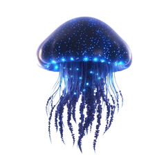 Glowing blue jellyfish with bioluminescent tentacles floating in dark ocean depth