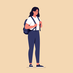 Fototapeta premium Young woman standing with backpack in casual outfit flat minimal style vector illustration