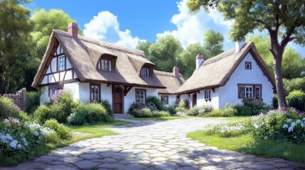 Charming cottage homes nestled in a lush garden