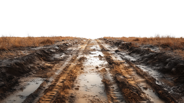 Muddy rural road with deep tire tracks and dry grass under overcast sky