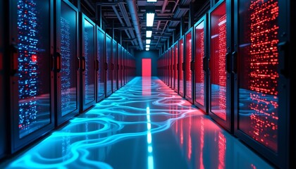 "Data center cooled by liquid immersion, glowing server racks"