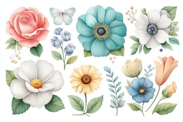 Pastel Watercolor Floral Arrangement with Butterfly
