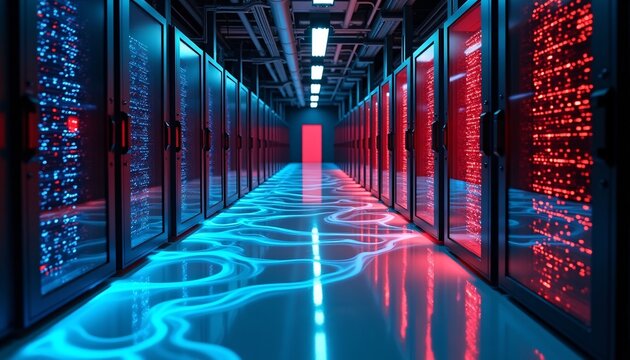 "Data center cooled by liquid immersion, glowing server racks"