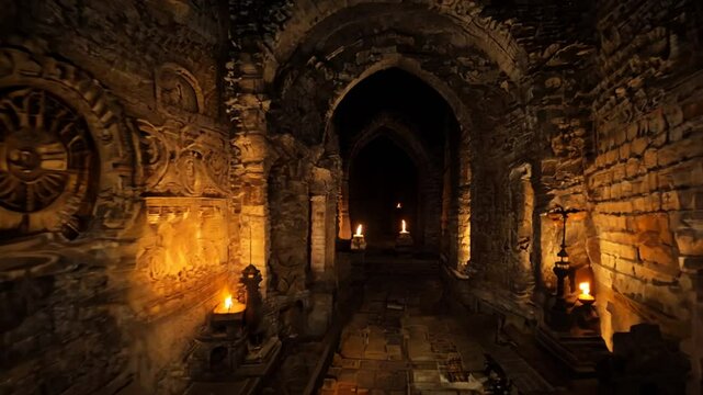 Scary Endless Medieval Catacombs With Torches. Mystical Nightmare Concept.
