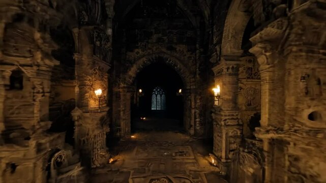 Scary Endless Medieval Catacombs With Torches. Mystical Nightmare Concept.